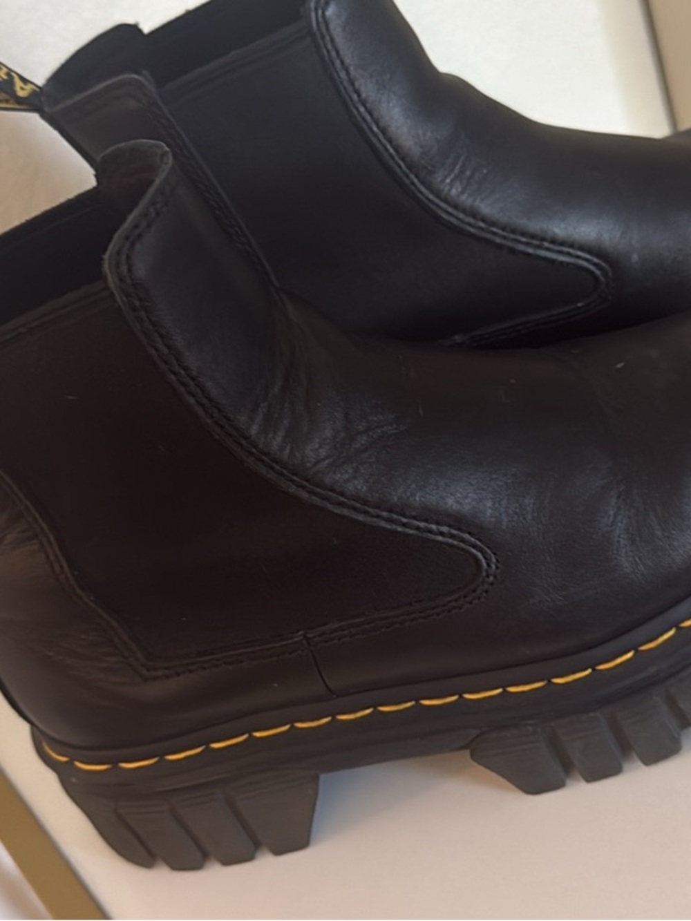 Dr. Martens Women’s Black Leather Chelsea Boots with Yellow Stitching Platform - Picture 2 of 5